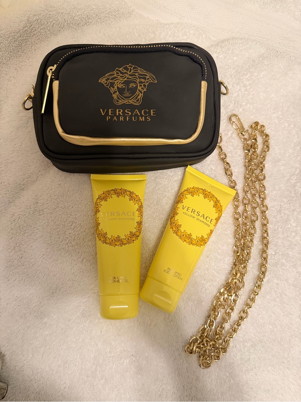 Versace Yellow & Black Body Lotion Set with Gold Chain Accents